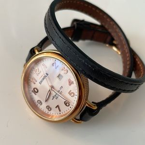 Shinola Birdy watch with black leather strap